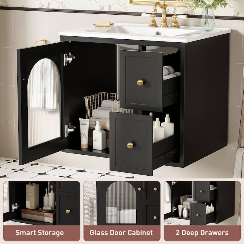 24" Wall-Mounted Bathroom Vanity with Ceramic Sink Combo, Floating Bathroom Storage Cabinet with Glass Doors & 2 Drawers