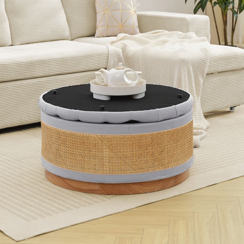 Linen & Rattan Round Storage Ottoman, Button-tufted Upholstery