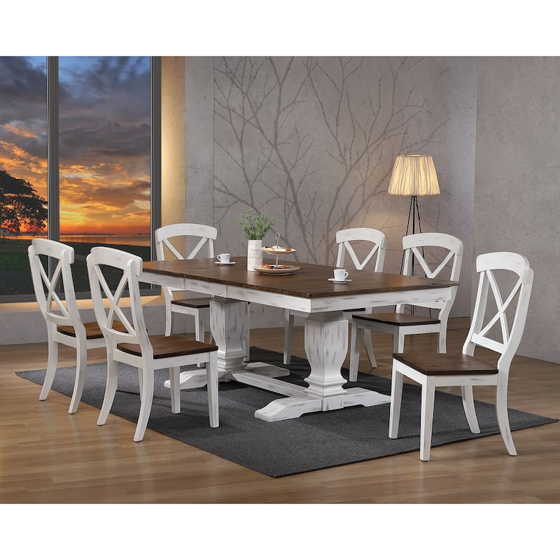 Double Transitional Pedestal Distressed Cocoa Brown/ Cotton White X-Back 7-Piece Dining Set