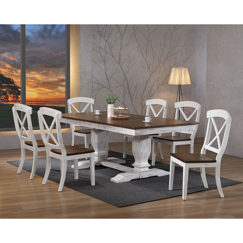 Double Transitional Pedestal Distressed Cocoa Brown/ Cotton White X-Back 7-Piece Dining Set