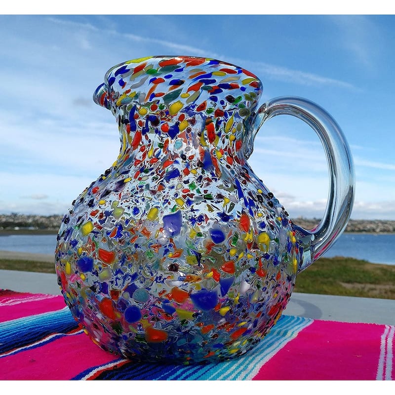 Dos Suenos Mexican Hand Blown Glass Pitcher - Confetti Rock Design (84 oz)