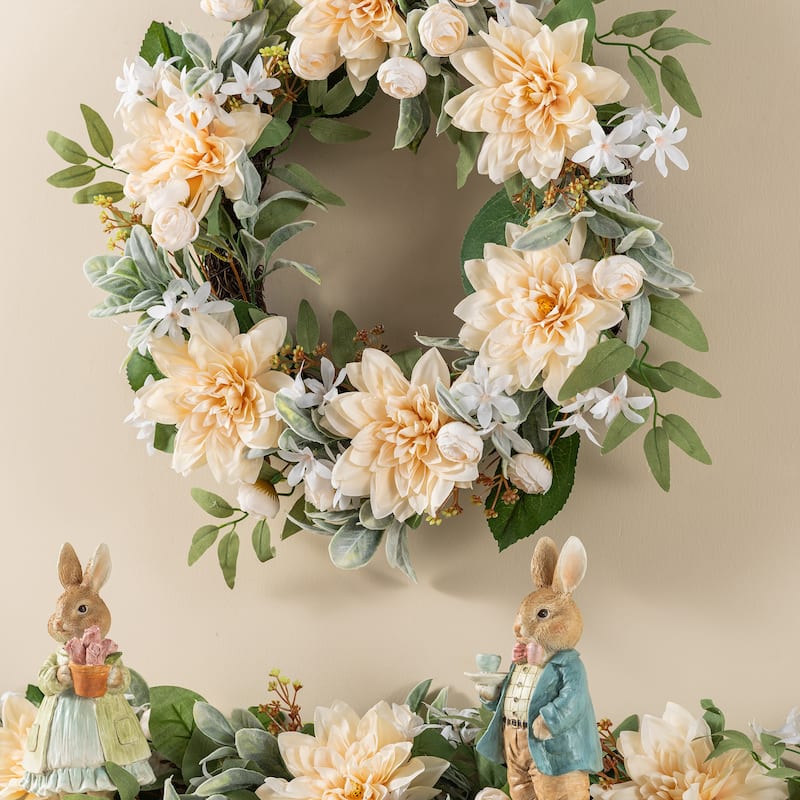 Glitzhome Peach Dahlia Floral Wreath Teardrop Garland