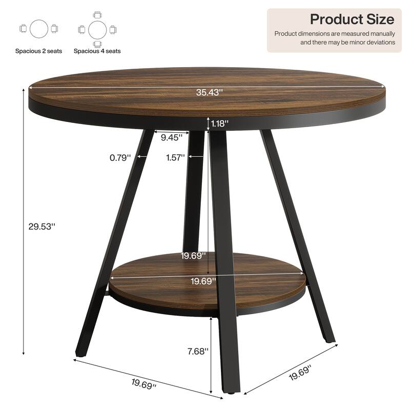 2 Tier Small Round Dining Table for 2-4 People, Industrial Kitchen Dinner Table with Sturdy Metal Leg - Brown + Black