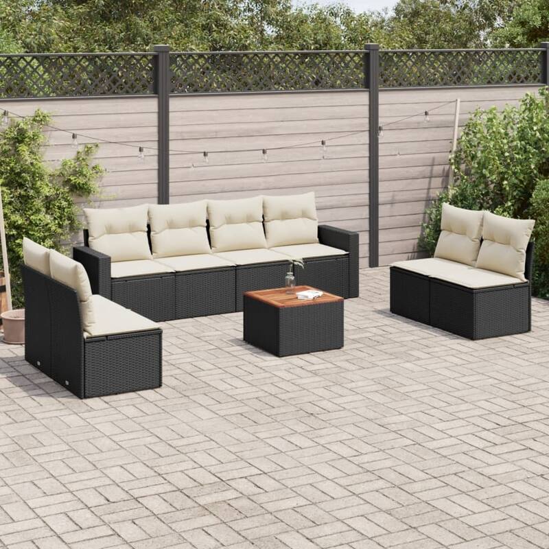 vidaXL Patio Sofa Set with Cushions Outdoor Furniture 9 Piece Poly Rattan - 25.8 x 24.4 x 27.2 - Black and Cream
