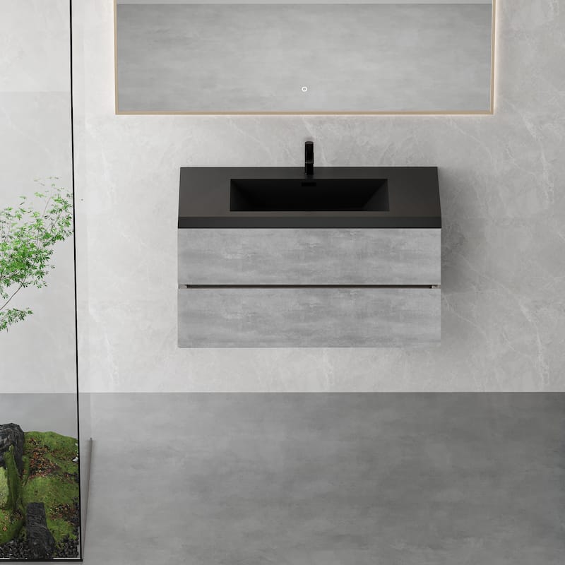 Modern Wall-Mounted Bathroom Vanity in Gray with Black Quartz Sand Top