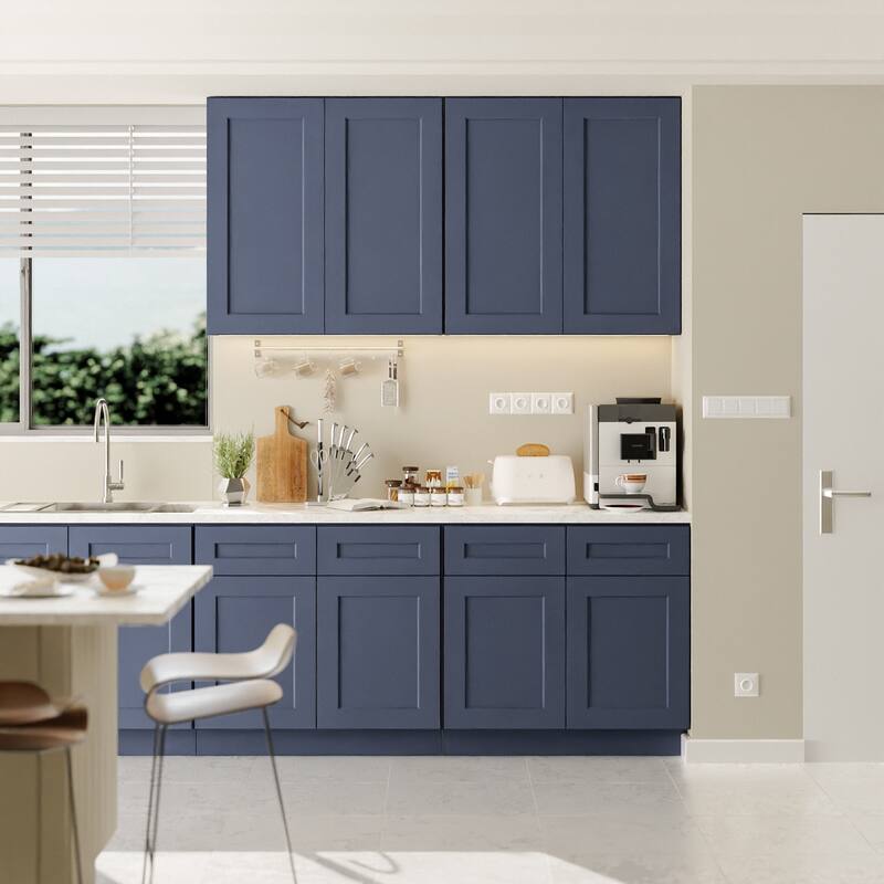 Navy Blue Shaker 36" Solid Wood Wall Cabinet, Soft Close Hinges, Adjustable Shelves, Double Door for Kitchen