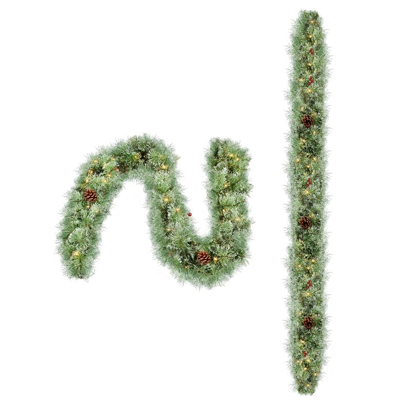 2 Pack 9FT Lighted Artificial Xmas Garland with 200 Warm Lights and 440 Tips and Red Berries - Green