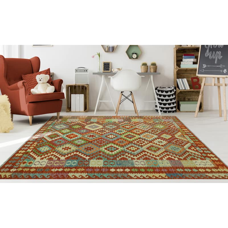 Hand-Woven Sangat Kilim Nobu Rust/Green Rug - 6'6" x 9'7"