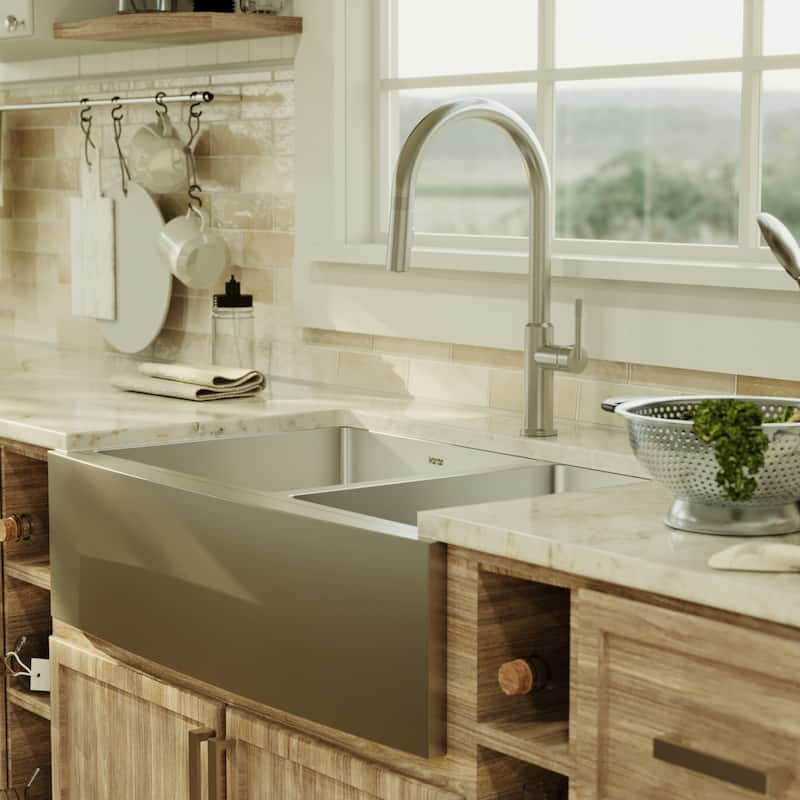Karran Farmhouse Apron Front Stainless Steel 33 in. Double Bowl Kitchen Sink Kit