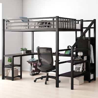 Full/Queen Size Metal Loft Bed with L-Shaped Desk, USB Port, LED Lights, Wardrobe and Stair Storage, Black