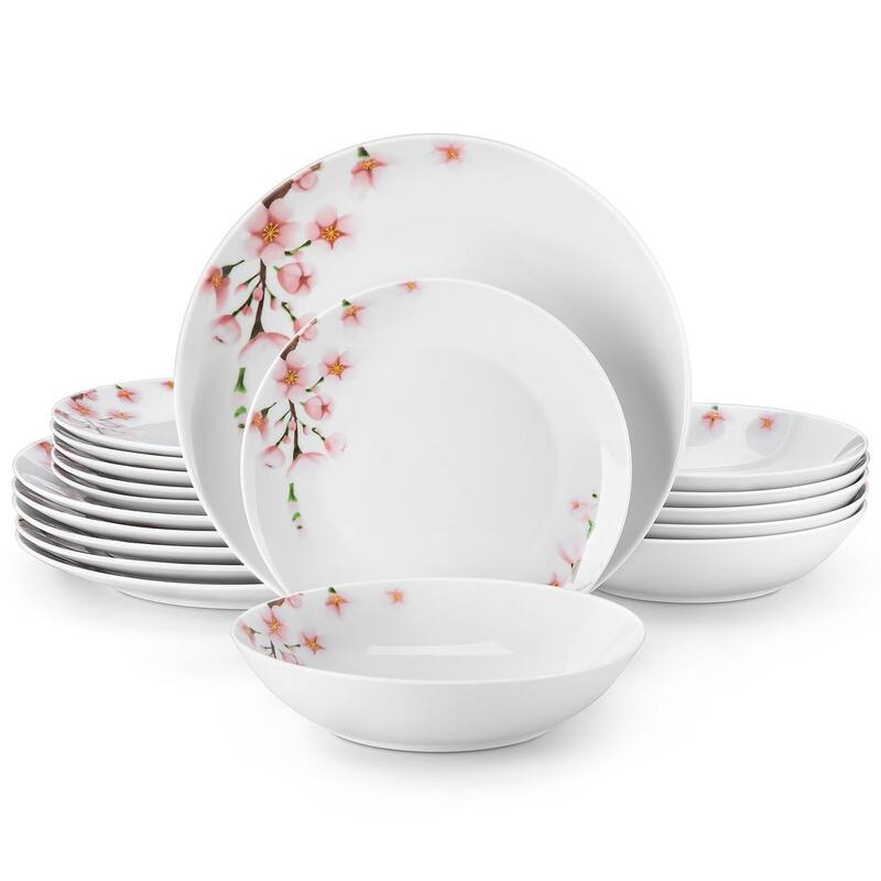 VEWEET Flower 18-Piece White Porcelain Dinnerware Set (Service for 6) - ANNIE