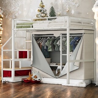 Full Size Metal Loft Bed with Storage Wardrobe and Staircase,White