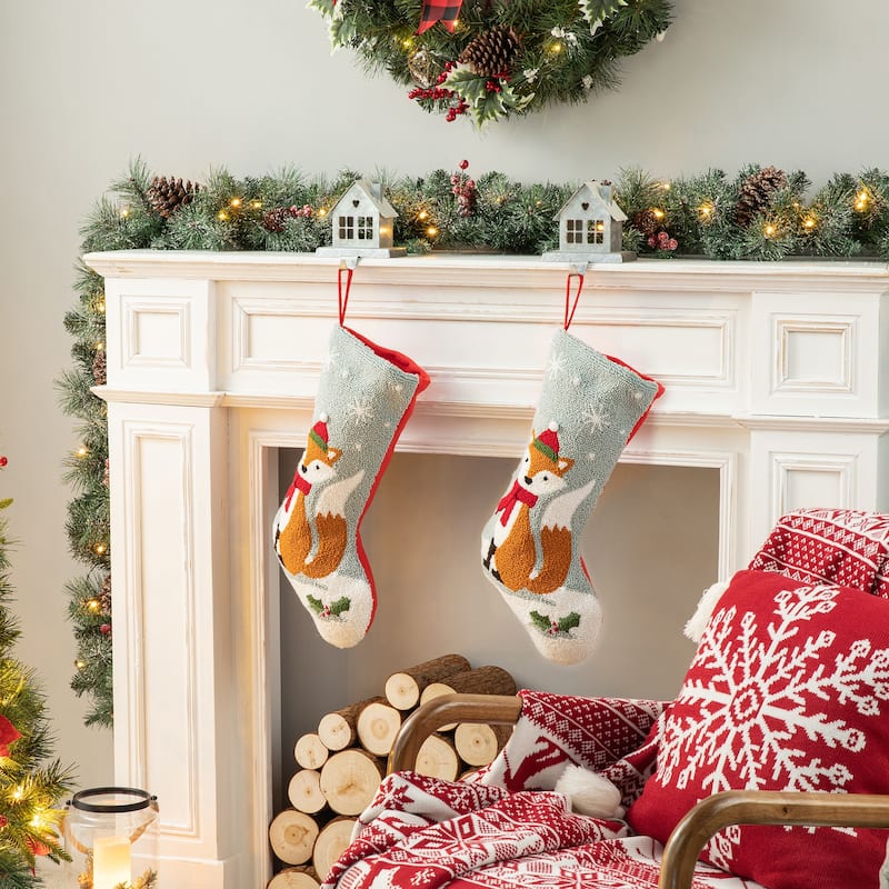 Glitzhome Christmas Hooked Stocking Cat Dog Fox Reindeer Dinosaur(Set of 2)