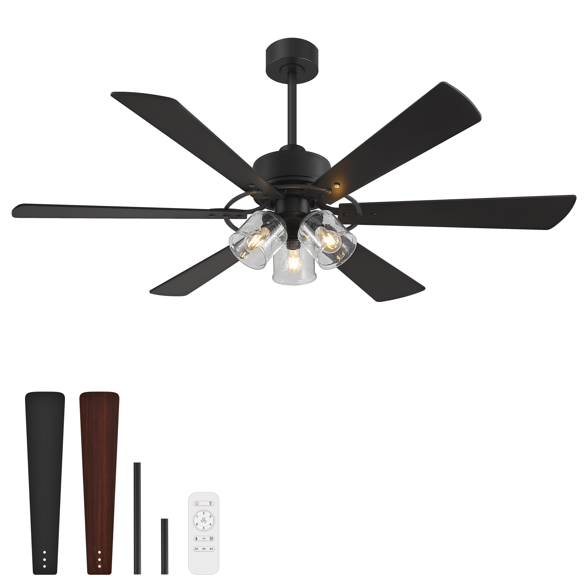 52/60 Inch Rustic Ceiling Fan with Light, 6-Speed DC Motor, Remote Control, Dual-Finish Black/Wood Grain Blades