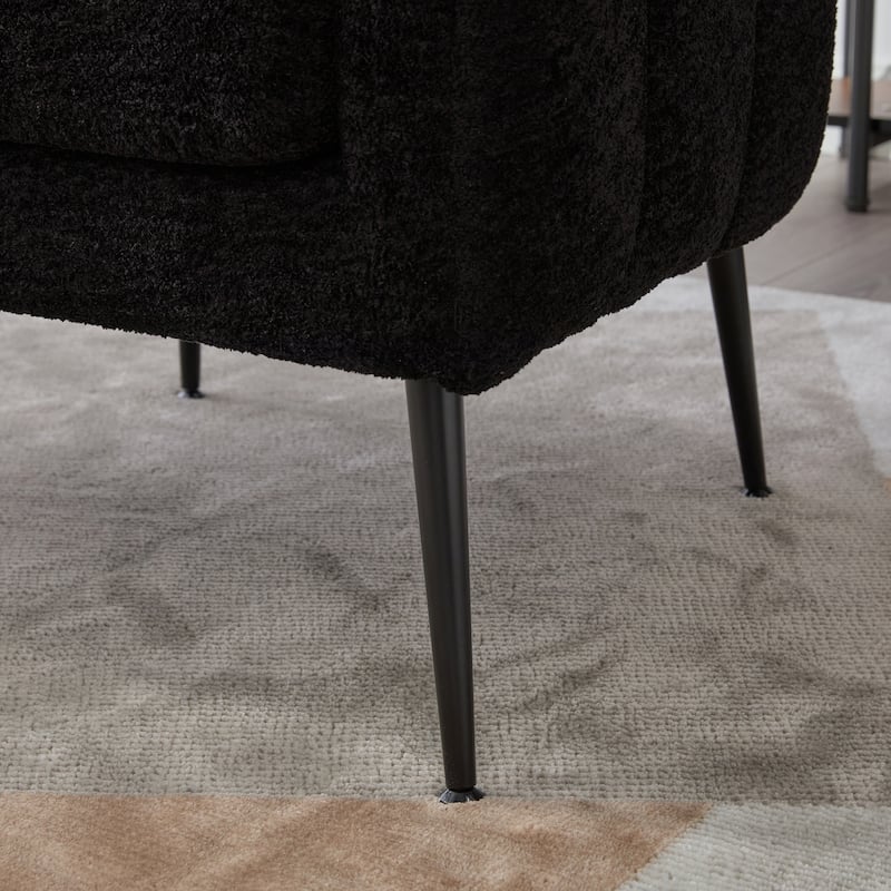 Chenille Upholstered Barrel Accent Chair, Channel Tufted Lounge Armchair, Round Reading Chair with Curved Backrest & Metal Legs