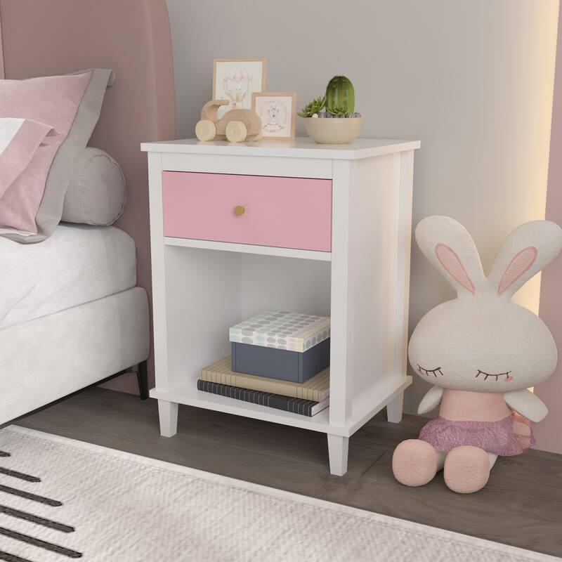 Wooden 2-Tier Kids Nightstand Small Side Table with Drawer and Open Shelf for Bedroom