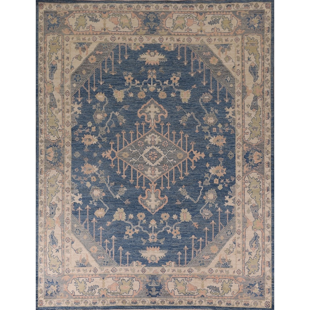 Blue Vegetable Dye Oushak Area Rug Handmade Wool Carpet - 8'5" x 9'9"