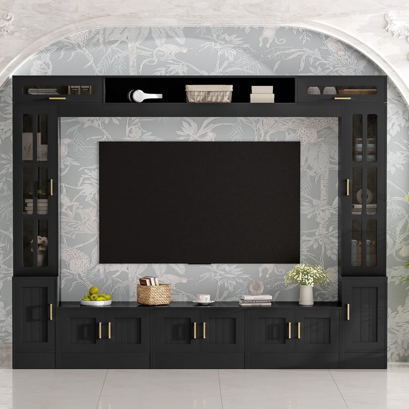 98.4" Wall Unit Entertainment Center with Bookshelves for TVs up to 80", Modern TV Stand Media Console with Cabinets - Black
