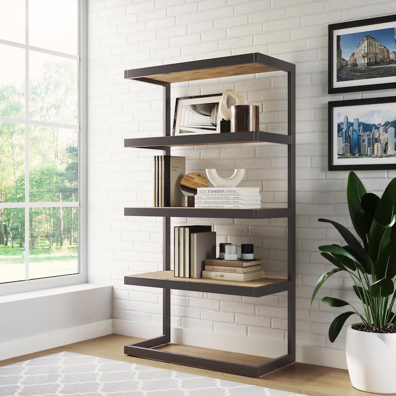 WYNDENHALL Cecilia SOLID ACACIA WOOD and Metal 66 inch x 36 inch Rectangle Industrial Bookcase - 36"w x 16.5"d x 66" h - Distressed Golden Wheat