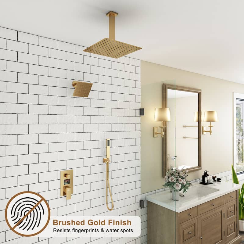 CASAINC Dual Heads 12 Inch Ceiling Mounted Square Shower Head Shower System with Handheld Shower Digital Display Shower