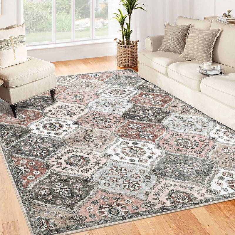 Rugs for Living Room Vintage Oriental Trellis Area Rug Soft Non Slip Low Pile Accent Rugs for Dining Room Office - 9'x12' - Gray Pink