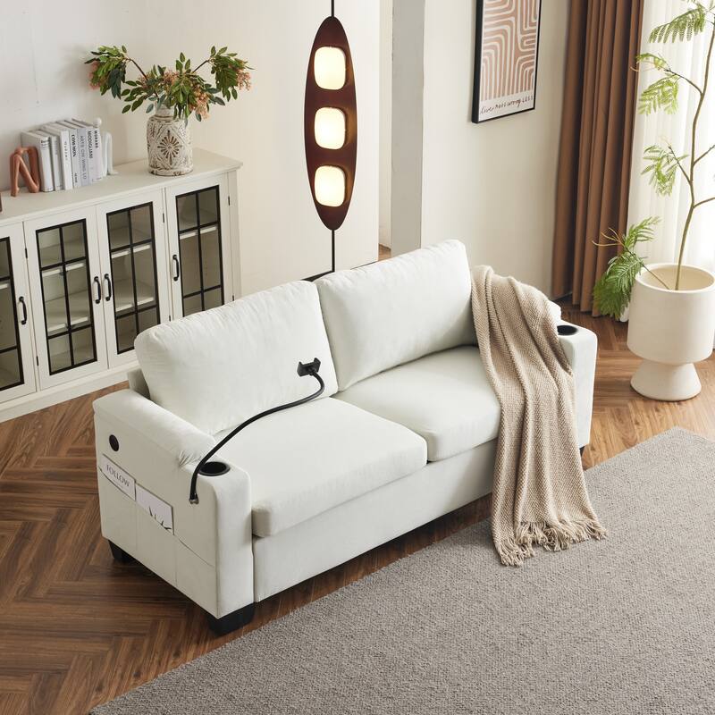 Pull-Out Queen Sofa Bed 73.63" with Memory Foam Mattress, Cup Holders, USB Ports, and Storage Pockets for Small Spaces
