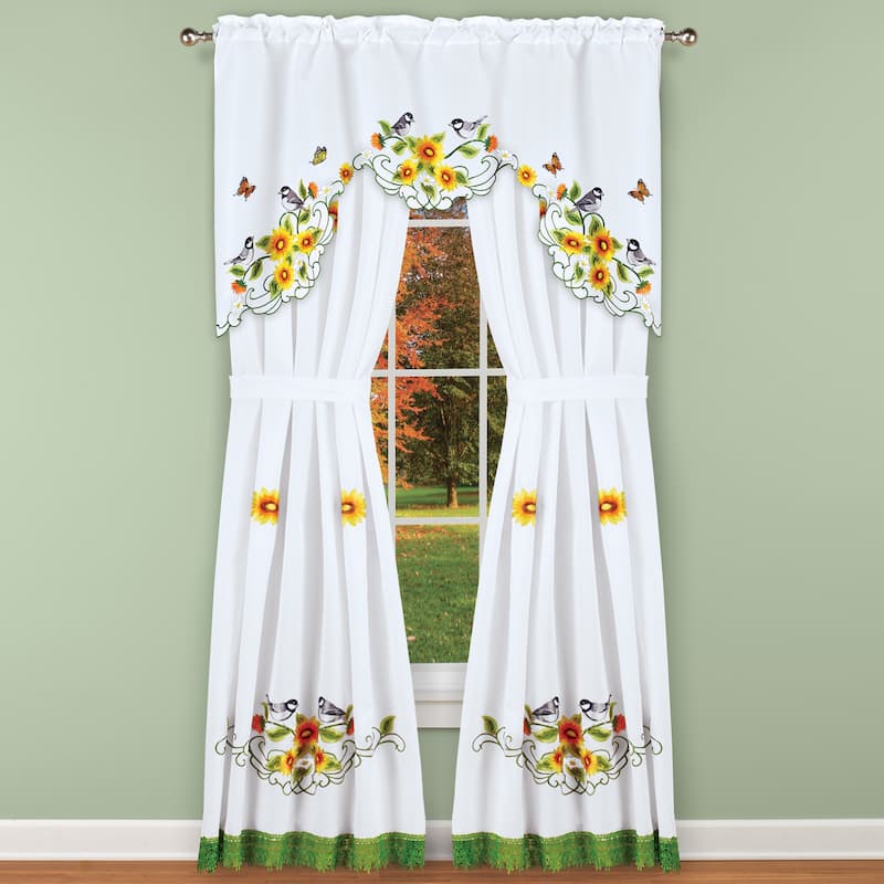 Charming Embroidered Sunflower Chickadee Window Drapes - Bed Bath ...