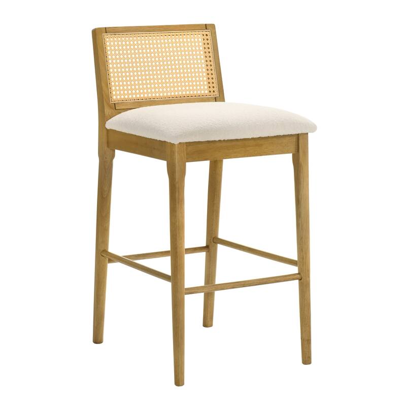 Tobias Rattan and Wood Bar Stool, Counter Height Kitchen Stool with White Boucle Fabric Upholstered Seat