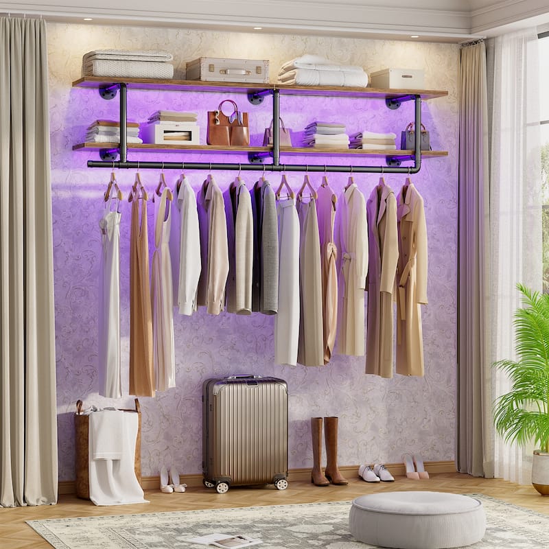 Floating Pipe Heavy-Duty Garment Rack, Wall-Mounted Closet Organizer with Storage Shelves - 47'' - Rustic Brown