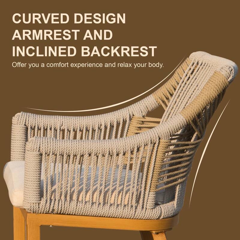 Set of 2 Outdoor Counter Height Bar Stools with Armrest, Backrest, and Cushions