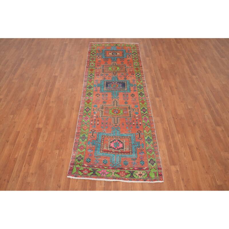 Hand Knotted Oriental 100% Wool Carpet Traditional Geometric Oranges & Rust Heriz Runner Rug - 8' 8'' X 3' 0''