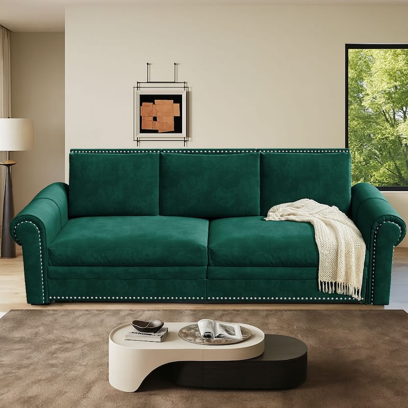 Classic Elegant Convertible Upholstered Sofa Sleeper Sofa with Pull Out Bed - Green Velvet