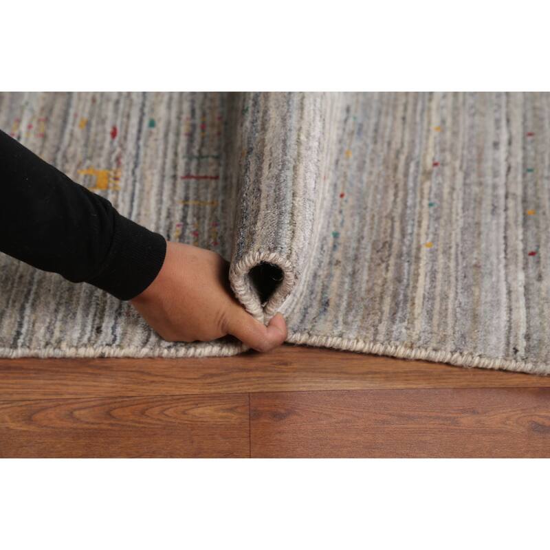 Striped Gabbeh Square Area Rug Handmade Beige Wool Carpet - 9'8"x 9'7"