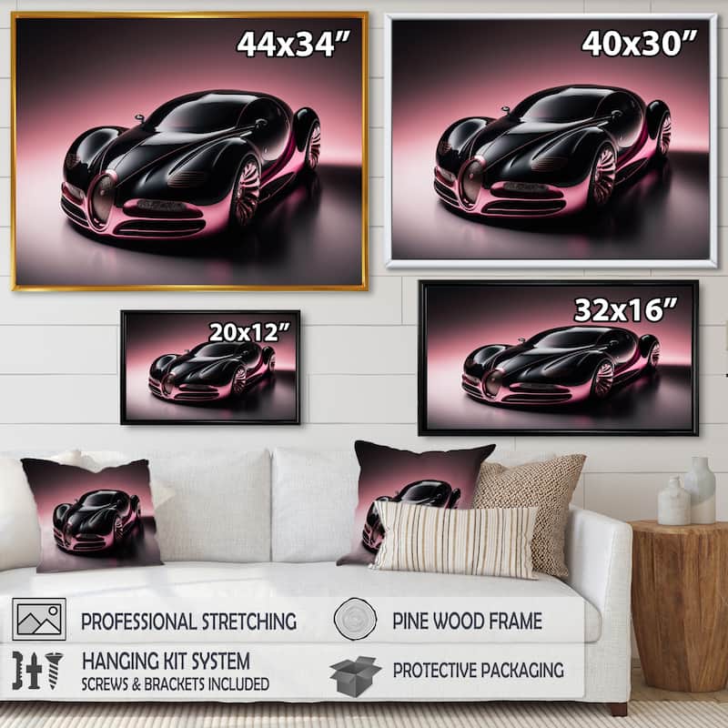 Designart "Futuristic Bugatti Design In Black And Magenta II" Exotic Car Framed Canvas Wall Art Print