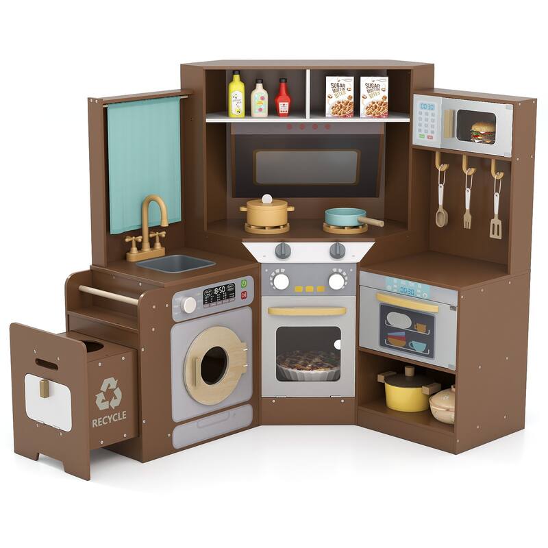 Gymax Corner Kitchen w/ Lights & Sounds Interactive Wooden Playset for - Brown