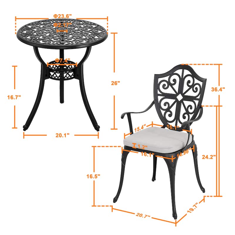 Outdoor 3-Piece Bistro Set with 2.17" Umbrella Hole and Cushions