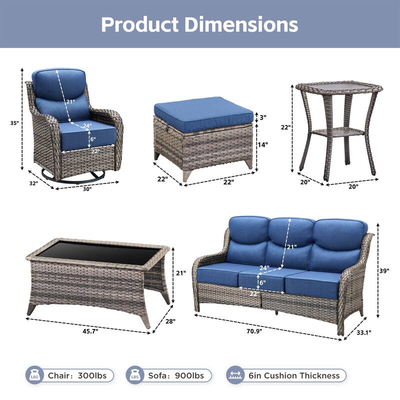 Meyreso 7-Piece Wicker Patio Conversation Set with Swivel Gliders and 6-Inch Thick Cushions