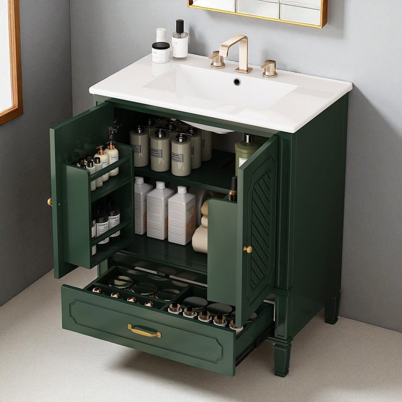 30'' Bathroom Vanity with Ceramic Sink, Solid Wood Frame, Storage Cabinet with Drawer, Door Shelf & Soft-Close Doors