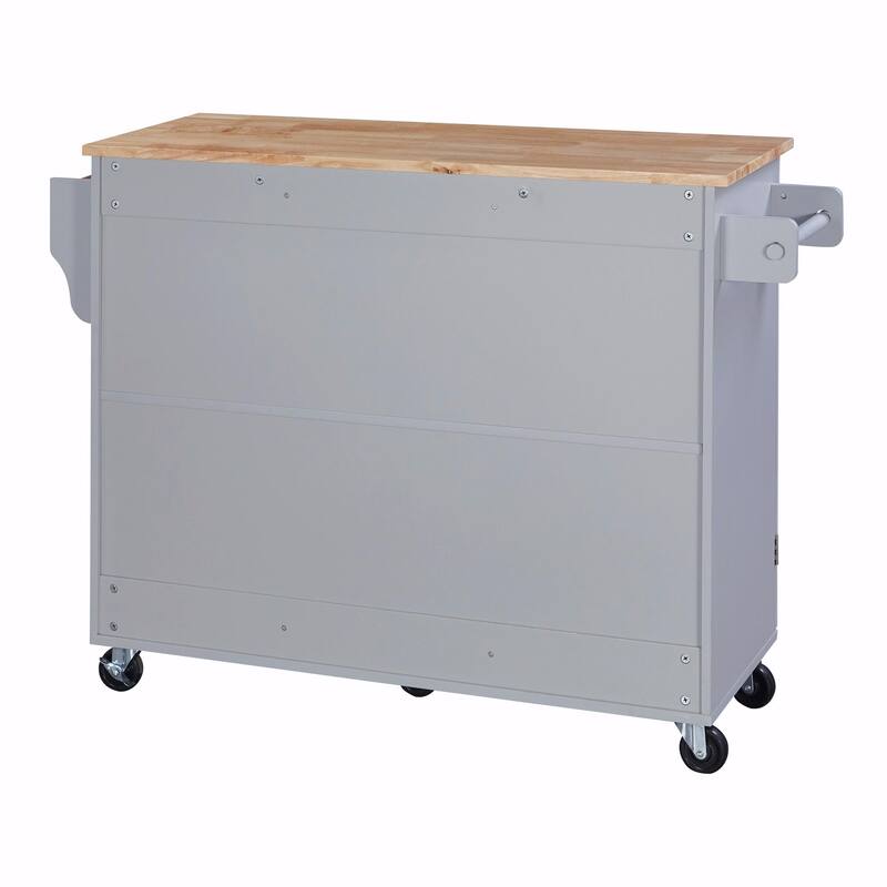 Rolling Kitchen Island with Rubber Wood Top, Drawers, Shelves, Internal Storage, Wheels, Spice & Towel Racks