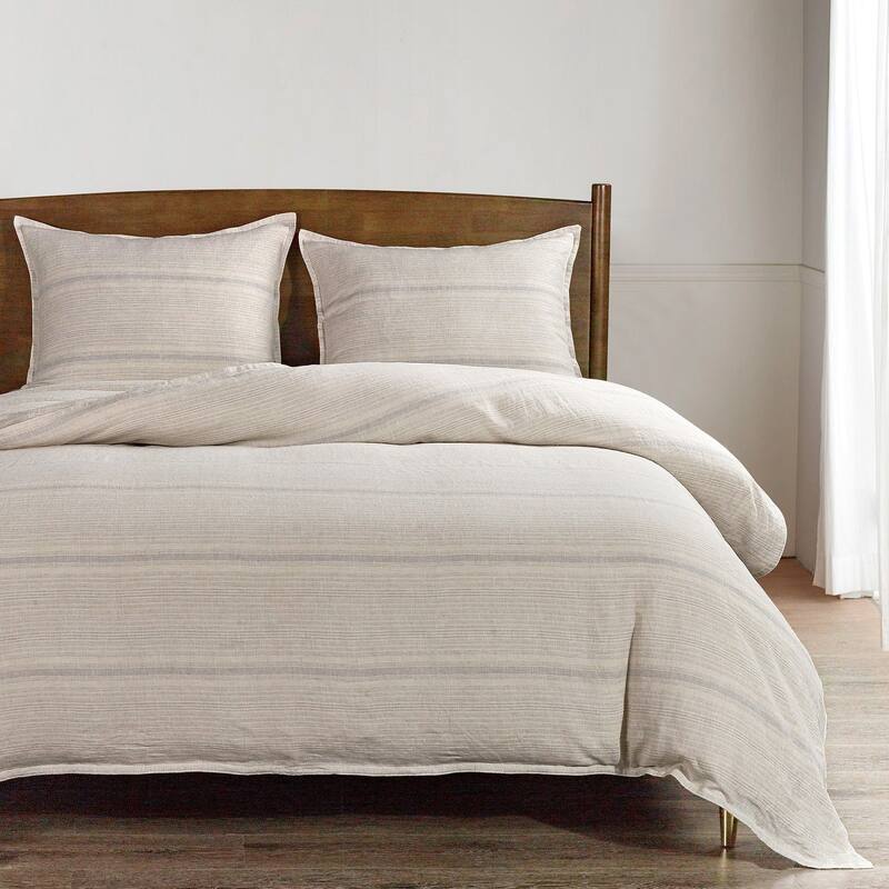 HiEnd Accents 100% French Flax Linen Variegated Stripe Duvet Cover Set, 3PC