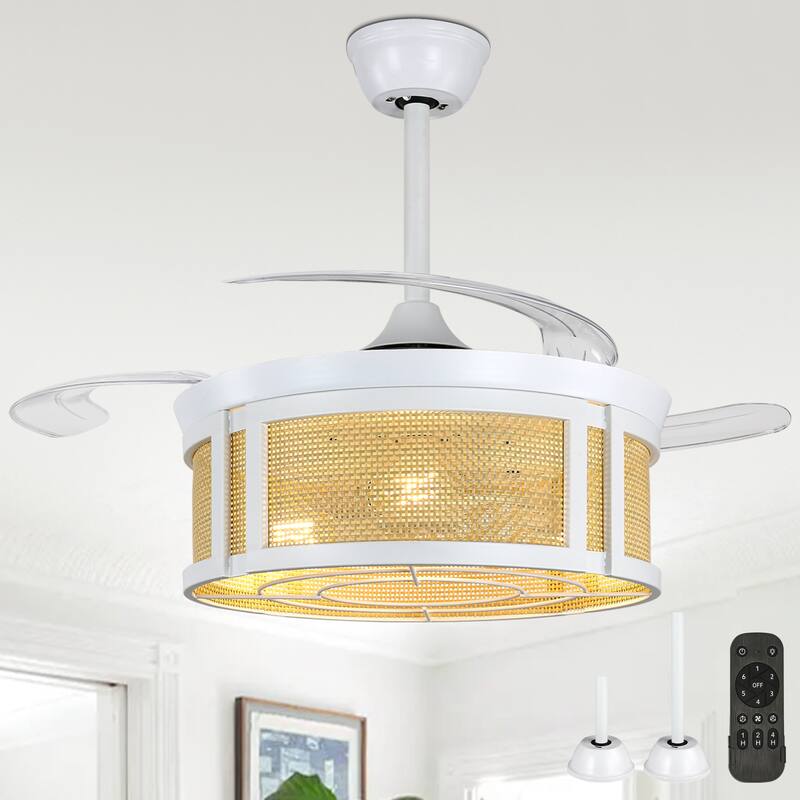 Cusp Barn 42'' Retractable Ceiling Fan with Lights and Remote, Boho Rattan Fandelier, Farmhouse Caged Chandelier Ceiling Fan