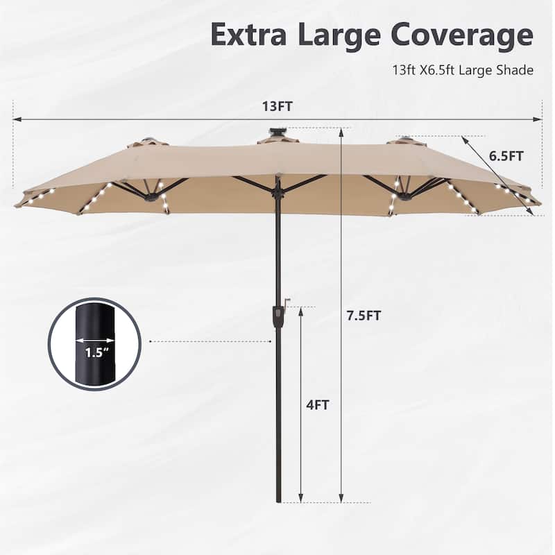 MAISON ARTS Double-Sided 13-foot Twin Outdoor Market Crank Umbrella with Colored LED Lights