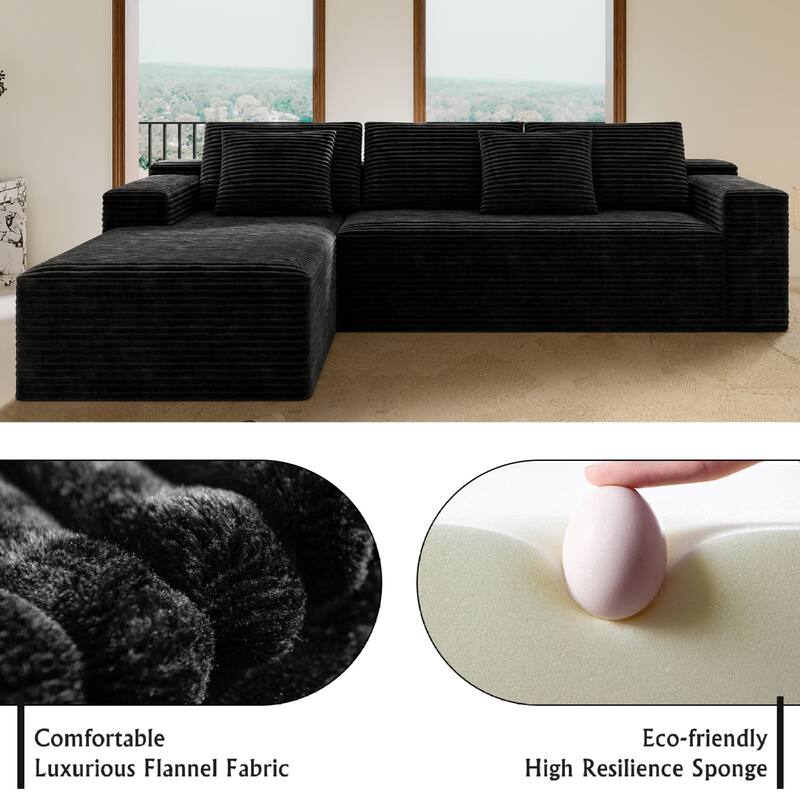 Roomfitters 104.3" Modular Cloud Sectional Sofa, L-Shape Chaise, No Assembly, Deep Seat, Plush Corduroy, Black