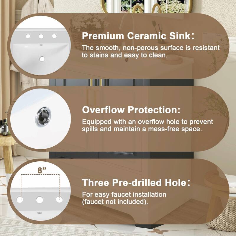 24" Bathroom Vanity with Sink - MDF Cabinet and Solid Wood Frame