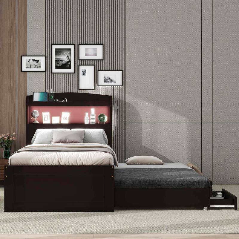Twin XL Size Platform Bed with LED Headboard and Twin Trundle - Dark Brown
