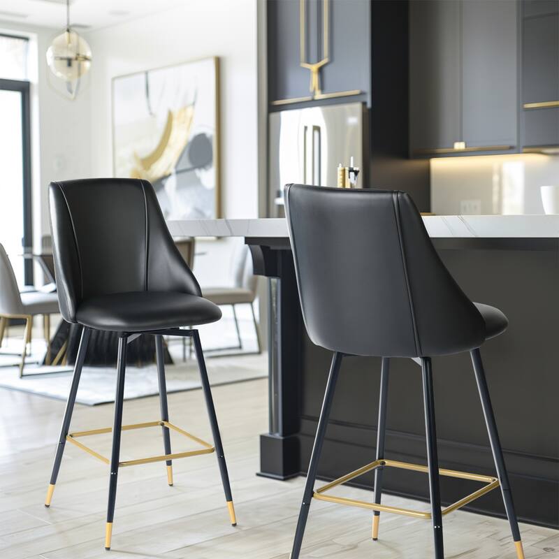 Homy Casa Set of 2 Faux Leather Counter Stools with Backrest and Gold-Tipped Metal Legs-Ideal for Modern Kitchens and Home Bars