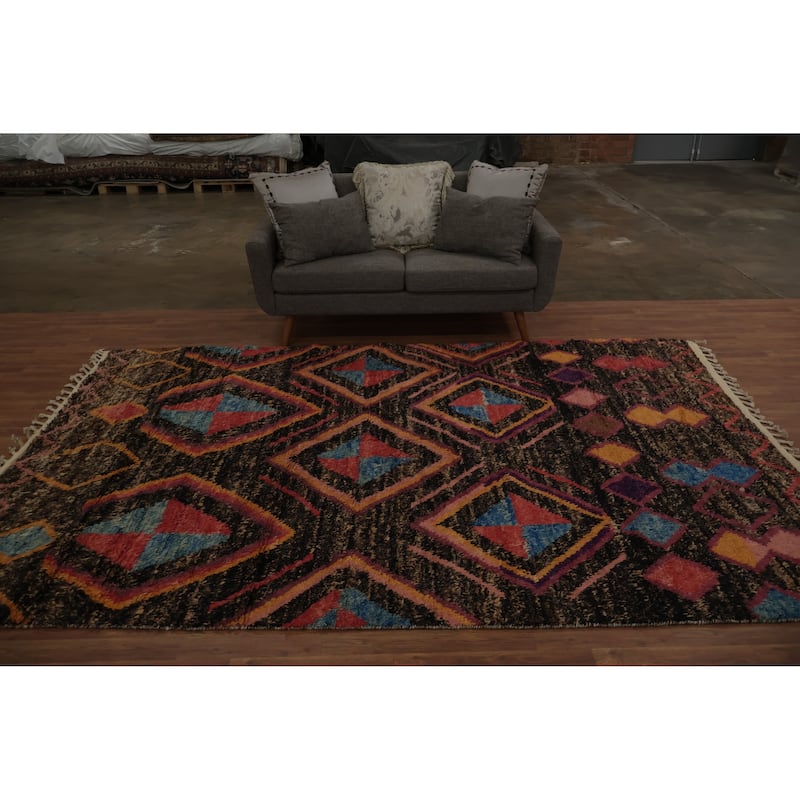 Hand Knotted Oriental 100% Wool Carpet Modern Tribal Brown Moroccan Area Rug - 10' 6'' X 6' 10''