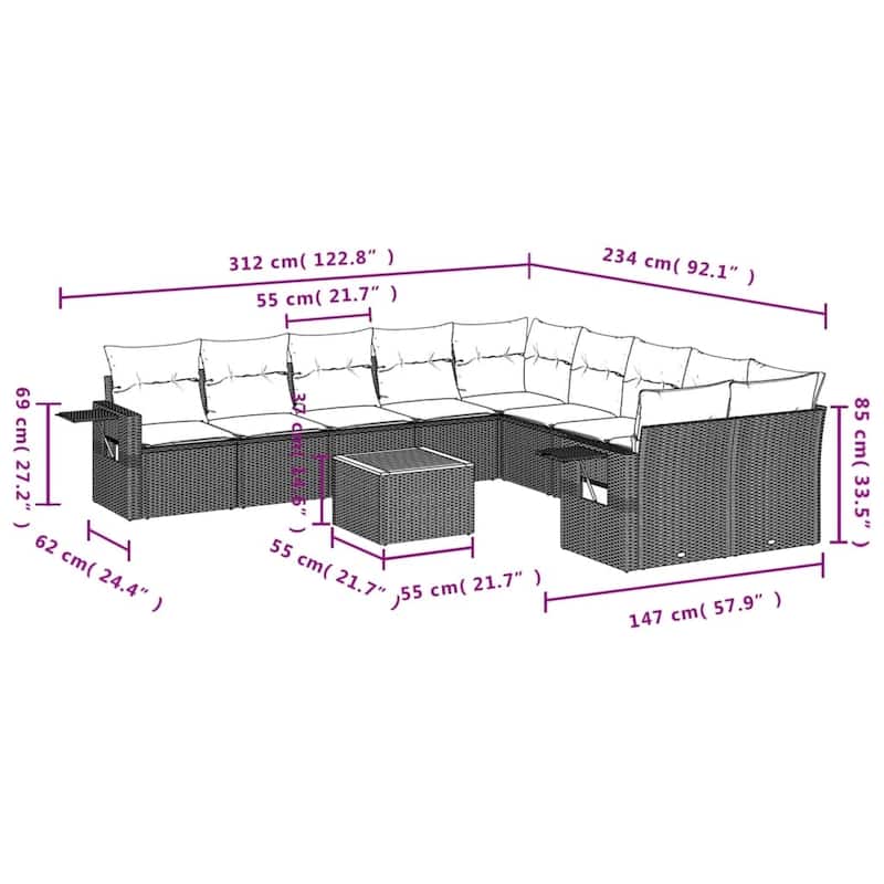vidaXL 11 Piece Patio Sofa Set with Cushions Black Poly Rattan - 24.4 x 24.4 x 27.2