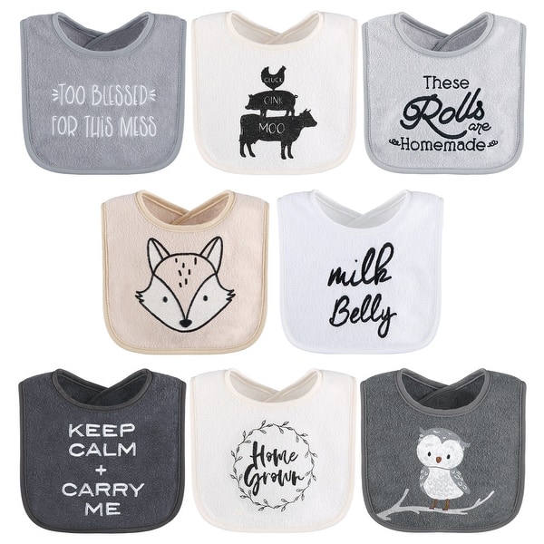 slide 1 of 1, The Peanutshell Terry Cotton Baby Bib Set, 8 Pack, Cute Sayings in Tan & Grey