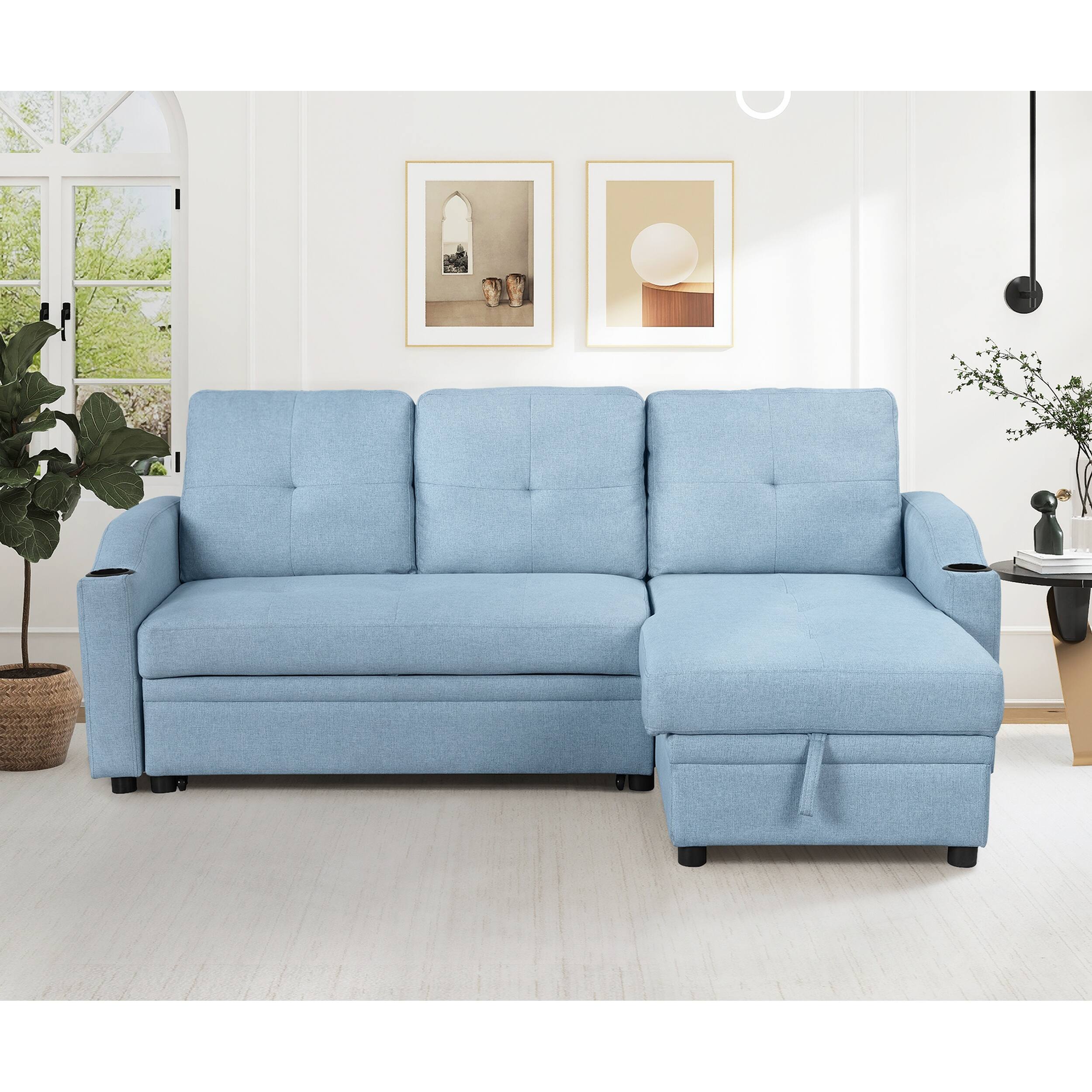 LShape 3 Seater Sofa Linen Fabric Upholstered Pull out Sofa Bed Modern